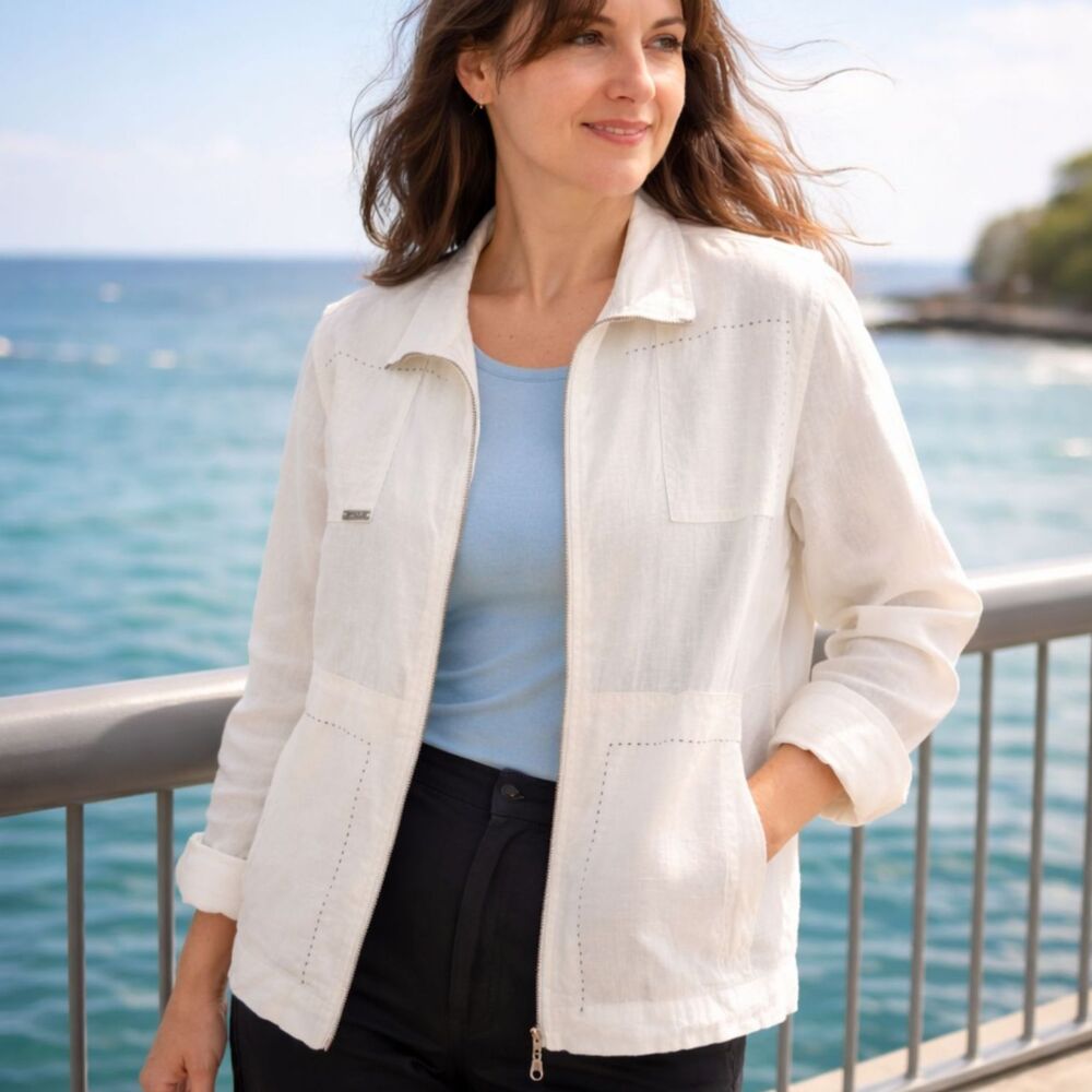 AVVA Vtg Ivory Linen Utility Jacket Chore Coat M Coastal Grandma Safari 90s Y2K